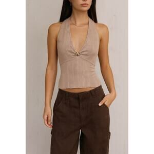 New Marciano By Guess Kathleen Halter Top Ribbed Blouse Taupe Tan XS Extra Small